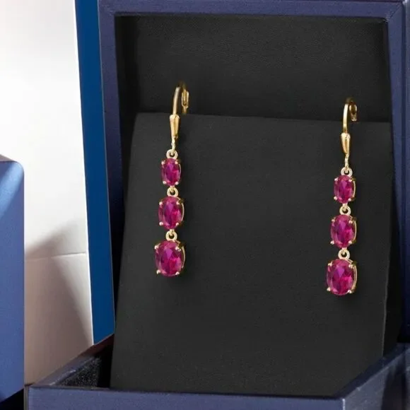 18K Yellow Gold with 5.40 Cttw 3 Stone Ruby Dangling Leverback Drop Earrings - Picture 4 of 5